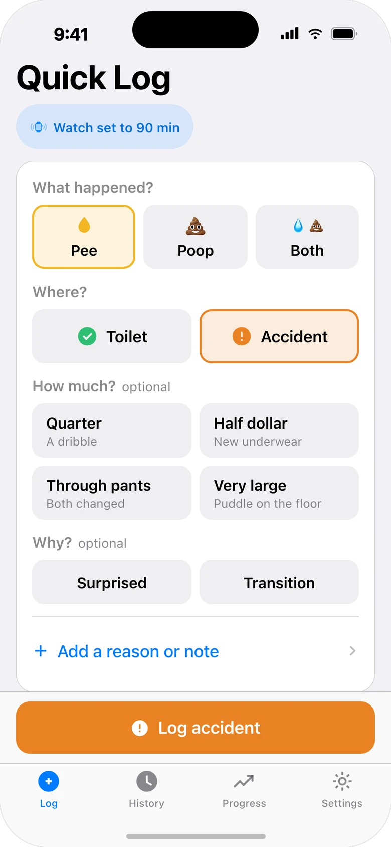 Quick Log screen for logging an accident with how much and why