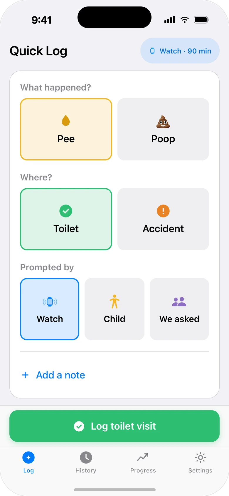 Potty Watch Tracker Quick Log screen: Pee or Poop, Toilet or Accident, Prompted by Watch, Child, or We asked